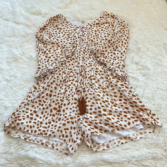 KOri America Romper Small Animal Print Drawstring Waist Pocket Boho Ruffle 15348 - Picture 1 of 13